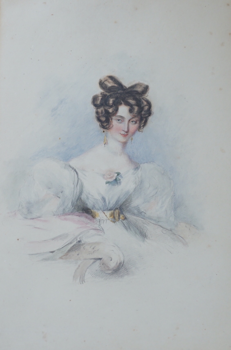 Early 19th century English school, watercolour, Portrait of a young lady, together with an oil on card, Country pathway beside a stream, largest 29 x 21cm